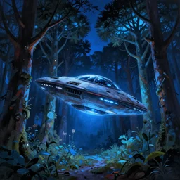 matte painting glowing spaceship in clearing in monkey puzzle tree Forest at night. Forest is lit by eerie blue glow. Ufo. Digital painting. Beeple. Noah Bradley. Cyril Roland trending on artstation.