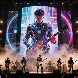 Sweating Trent Reznor smashing guitars, group of people on stage playing instruments, elaborate stage effects, dust, smoke, giant LED screens, colored projections, ultrafine detail, cybersuit, glowing thin wires, smoke, high contrast, projections, holography, volumetric lighting