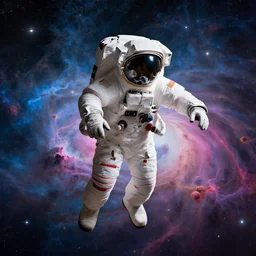 an astronaut floats in a colorful nebula