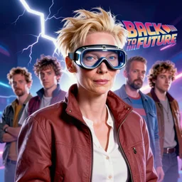 formal portrait of tilda swinton as doc brown from back to the future. lightning background, wearing welding goggles. digital art by eugene de blaas, ross tran, and nasreddine dinet, vibrant color scheme, intricately detailed, in the style of romanticism, cinematic, lighting background, artstation, greg rutkowski