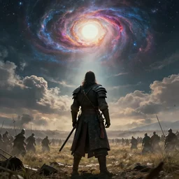 beautiful cinematic artwork from behind a warrior standing on the battlefield looking up at the sky, the sky has a portal the the cosmos, by greg rutowski, masterpiece, 4k