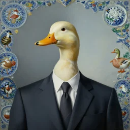 portrait of a man in a suit with the head of a duck, surrealist painting by igor morski, gediminas pranckevicius, beeple, ornament, porcelain, super - resolution, soft lighting, ray tracing global illumination, in a symbolic and meaningful style