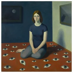 a painting of a girl in a room full of eyes on the floor, a highly detailed edward hopper painting, by adrian ghenie and gerhard richter. art by remedios varo. masterpiece, flat surreal design with deep colours. 8 k. artstation