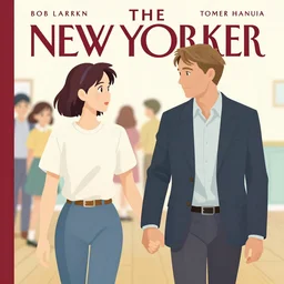 portrait of Mads Mikkelsen and Hugh Dancy holding hands romantically as they chaperone school dance by Michael Whelan, Bob Larkin and Tomer Hanuka, simple illustration, domestic, nostalgic, clean, full of details, by Makoto Shinkai and thomas kinkade, Matte painting, trending on artstation and unreal engine, New Yorker magazine cover