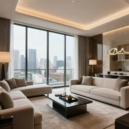 a beautiful luxury apartment, with modern amenities and a beautiful view of a large city out thevwindow, realistic, photograph