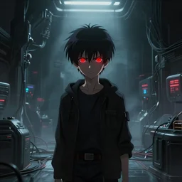 1 9 9 5 anime dystopian cyberpunk movie still : : virtual mechanical hall interior art : : young guy villain red eyes : : somber future cables lab shadowed background : : faceless staring insanely, renderfog