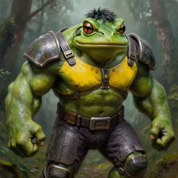 macro medium close up shot, rugged anthropomorphic muscular!!!!!!!!! oversized!!!!!!!! hulked!!!! frog as oversized green armored barbarian armored hunter with yellow chest wearing war soldier uniform sci - fi armor in deep forest, foggy, oil painting by frazetta louie travis