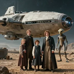 highly detailed, 4194304k film still from a sci fi blockbuster color movie made in 2019, set in 1860, of a family standing in front of a spaceship that has just landed on an alien planet, a humanoid alien creature stands nearby, the family are all wearing 1860s era clothes, good lighting, good photography, high definition