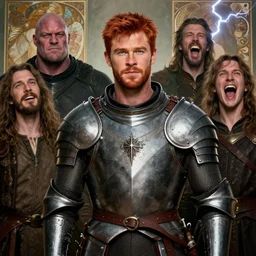stunning portrait of ( ( ( ( red haired chris hemsworth ) ) ) ) as destruction from sandman looking like kristofer hivju!!, medival armour, by frank moth, by jeff easley, by jeremy mann, by bastien lecouffe deharme, by alphonse mucha, dave mckean, laugthing, soft lightning, high detailed, 8 k
