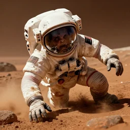 a zombie astronaut crawling on mars, with cracked and open space helmet, dusty space suit, reaching towards camera viewpoint, viewpoint is to front and left, best on artstation, cgsociety, cosmic, epic, stunning, gorgeous, digital airbrushed art with fine details, masterpiece by Chris Moore and Jim Burns