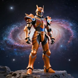 knight with orange and blue themed armor standing on a planet with galaxy in background, realistic, cinematic