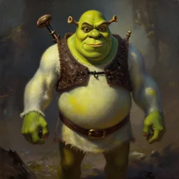 dramatic oil painting of shrek as thrall from world of warcraft, artstation, shrek, epic, dramatic,
