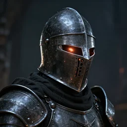 gothic knight, close up of helm, realistic inscriptions of ancient text in steel, armor pitch black, glowing embers of light, 8 k, unreal engine 5