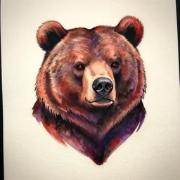 tattoo style of a man with a bear's head, color restoration, watercolor, high quality ink, reds and purples, browns and earth colors