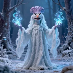 ethereal ghostly fluffy live action muppet with a wraith like figure with a very pronounced parasitic kraken head taking over its own with two long tentacles for arms that flow gracefully at its sides like a cloak, it stalks around frozen forests searching for lost souls to consume, this character uses hydrokinesis and electrokinesis, it is a real muppet by sesame street, photo realistic, real, realistic, felt, stopmotion, photography, sesame street, monsters inc pixar
