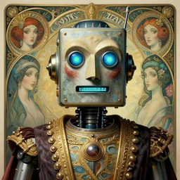 retro boxy robot, lcd mouth, glowing blue green eyes, detailed realistic surreal groovypunk robot in full regal attire. face portrait. art nouveau, symbolist, visionary, baroque, by dali, horizontal symmetry by zdzisław beksinski, iris van herpen, raymond swanland and alphonse mucha. highly detailed, hyper - real, beautiful