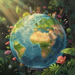 a wholesome animation key shot of a post apocalyptic 8 0's urba warm planet lanscape and hipster vegetation and trees, magical light by studio ghibli, animation, sharp, rendered in unreal engine 5, focused, anime key art by greg rutkowski, bloom, dramatic lighting