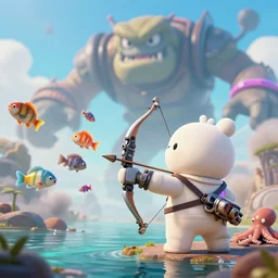 scifi scene, landscape, cute monsters, hold mechanical bow and arrow, wearing brand of off white style, catching colorful fishes + sepia + octopus, a huge monster boss in the sky, with depth of field, octane render, neon hand sports bracelet, standing on the water ground, with splatoon + ratchet & clank : rift apart style, smoke war, comic paint, anorld render, unreal engine render, vfx, octane render, highly quality, artstation, 4 k,