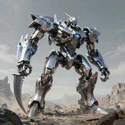 a robot the size of mountain made of wicked glinting steel plating sporting massive sickle legs trampling over a land of dusty grey, photo realistic, 8 k, trending on artstation