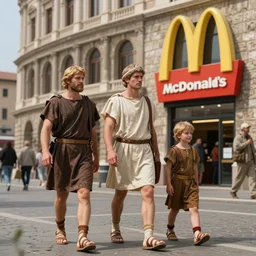 ancient romans walking to mcdonald's highly detailed. hyper realistic. by michael garmash james gurney. bussiere.