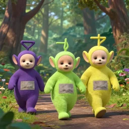 teletubbies walking in a forest, in the croods movie style, zoomed in, anime, disney, pixar, 8 k, hd, dof, kodak film, volumetric lighting, subsurface scattering, photorealistic, octane render, details