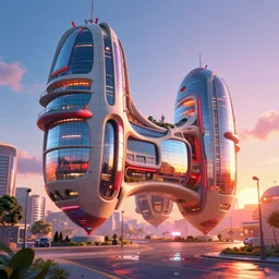 highly detailed futuristic architecture by Antoni Gaudí and Santiago Calatrava, floating buildings, reflective lighting, empty streetscapes, ground-level view, puddles of water, stunning sunny lighting, sunrise, vivid colors, in the style of pixar animation, trending on Artstation, 8k, matte painting, ray tracing, hyper detailed, unreal engine 5, cinematic, epic lighting, cryengine, octane render, cyberpunk, red and orange glow, vibrant