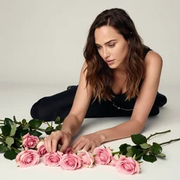 fine art photo of the beauty gal gadot, she is on the floor and merging from pink roses, taken by oleg oprisco