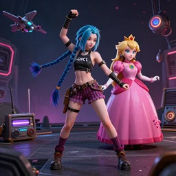 a girl like jinx and Princess peach, dancing, background jet ground radio, fullshot, raytrayced, octane render, epic composition, intricate details, dark neon punk, by myanko
