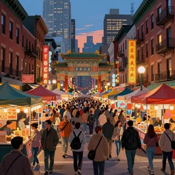 an evening festival in manhattan ’ s chinatown, colorfully, detailed illustration, digital art, overdetailed art, concept art, highly saturated colors, detailed illustration, hd, 4 k, digital art, dan mumford, greg, rutkowski, trending on artstation