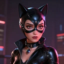 lofi cyberpunk catwoman portrait, Pixar style, by Tristan Eaton Stanley Artgerm and Tom Bagshaw.
