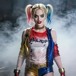 Margot Robbie as a harley quinn in a smoke cloud, sexy look, cinematic, 4k, hyper realistic, super detailed