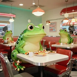 Frog themed restaurant, 50s diner, frog themes, fancy dine-in, photography, retro, 1950's photography