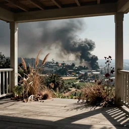 dead plants on a porch in Los Angeles, distant black smoke, by Emmanuel Lubezki