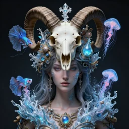 goddess macro vintage shouler portrait from bottom to top in crown made of ram skull. betta fish, jellyfish phoenix, bioluminiscent, plasma, ice, water, wind, creature, super intricate ornaments artwork by tooth wu and wlop and beeple and greg rutkowski and alexander fedosav