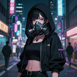 cyberpunk anime girl in hoodie, cyberpunk gas mask, 3 / 4 shot, street night, grafity, beautiful face, grafity, arcane, action, tokyo street, detail, good face, pose model, concept art, in style of yoji shinkawa, pan ren wei, col price, atey ghailan, by greg rutkowski, aesthetic