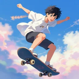 a young anime boy riding a skateboard in the sky, colorful clouds, an ultrafine hyperdetailed illustration by akihiko yoshida, makoto shinkai, greg rutkowski, perfect face, intricate linework, global illumination, detailed and intricate environment, dream setting, final fantasy, trending on pivix fanbox.