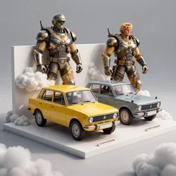lada zhiguli, mad max, motorstorm. art by filip hodas and artgerm. showroom display. clouds by rhads. 3 d render, surrealism, hyperrealism.