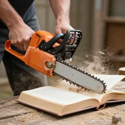 man with chainsaw cutting a book in half, dust flying