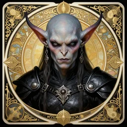 head-on symmetrical centered painted portrait, WoW goblin assassin, black leather armour, art nouveau, tarot card style, fantasy, intricate, elegant, highly detailed, smooth, sharp focus, illustration, artstation, in the style of Artgerm and Anna Podedworna and Alex Ross and Mucha