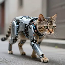 robot cat walking in an alley, sharp details, highly complexe nature inspired machinery, close up, 4 k high realistic photography