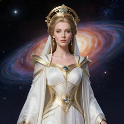 portrait of the powerful empress of the solar system in the style of anna dittmann and in the style of shaun tan. glowing, ornate and intricate linework, stunning, dynamic lighting, ultrafine and hyperdetailed.