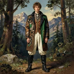black green brown white cloth fabric jodhpurs knee high boots travel coat fashion, solo hiking in mountains trees, greg manchess painting by sargent and leyendecker, studio ghibli, fantasy, asymmetrical, intricate, elegant, matte painting, illustration, hearthstone, by greg rutkowski, by greg tocchini, by james gilleard, by joe fenton