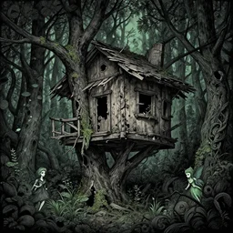 dilapidated broken down treehouse, tucked within the witchwood forest, evil fairies, overgrown, detailed intricate ink illustration, dark atmosphere, detailed illustration, hd, 4k, digital art, overdetailed art, concept art, by greg rutkowski, by loish, complementing colors, Trending on artstation, deviantart