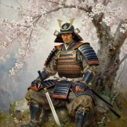 an oil painting of a male samurai warrior wearing armor and sitting under a cherry tree with white blossoms, greg rutkowski, edward robert hughes, tony sart