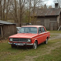 old lada 2 1 0 7 standing in typical soviet yard in small town, hrushevka on background by greg rutkowski