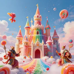 rainbow sugar exploding into heavenly castles made of candy, while candy gods war with candy weapons, super high detail, 8 k imagination, widescreen
