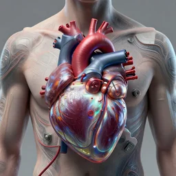 a human heart, revealing wires and electronics, hooked - up, sci - fi, missing panels, intricate abstract upper body intricate artwork, concept art, octane render, deviantart, cinematic, key art, hyperrealism, iridescent accents, portrait photograph, nikon 3 5 mm, photograph by greg rutkowski