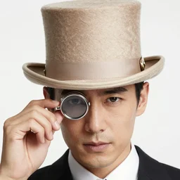 man in beige top hat and silver monocle