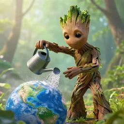 photorealistic shot of Groot watering The earth with a watering can, octane render, unreal engine 4k, volumetric light, fog, detailed,