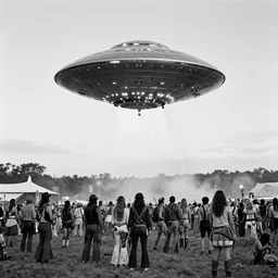 a picture of an ufo above an hippie festival in the 6 0's, black and white